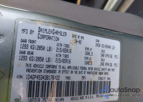 2003 Dodge Caravan Sport z USA, uszkodzony, nr VIN 1D4GP45343B176422